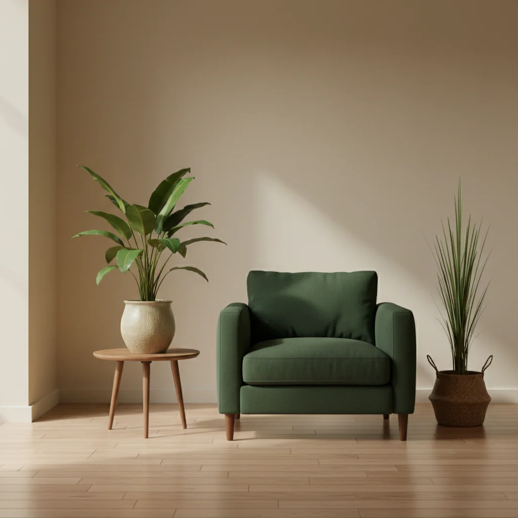 A tidy wooden desk with a notepad, a houseplant and a glass of water in soft daylight
